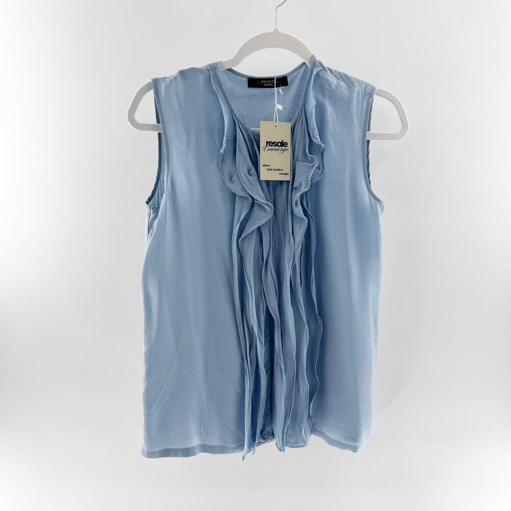 Max Mara Weekend Sleeveless Round Neck Ruffle Trim Blouse Top Blue Women's M